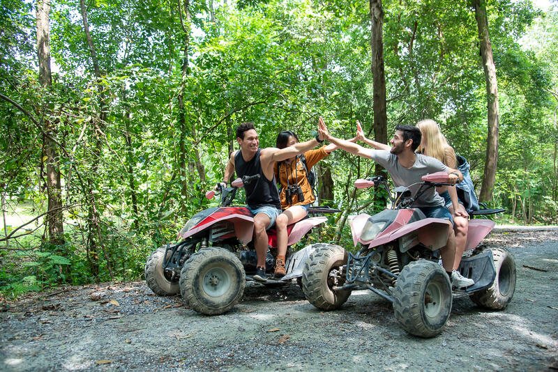 Jeweils ein Paar junger Menschen auf einem Quad im Wald, die sich freudig zuklatschen.